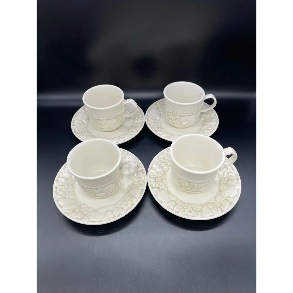 Vintage Metlox Vernon Ware Embossed Antiqua Set of 4 Cups & Saucers California